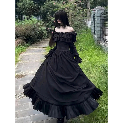 暗黑系洛丽塔荷叶边收腰长裙