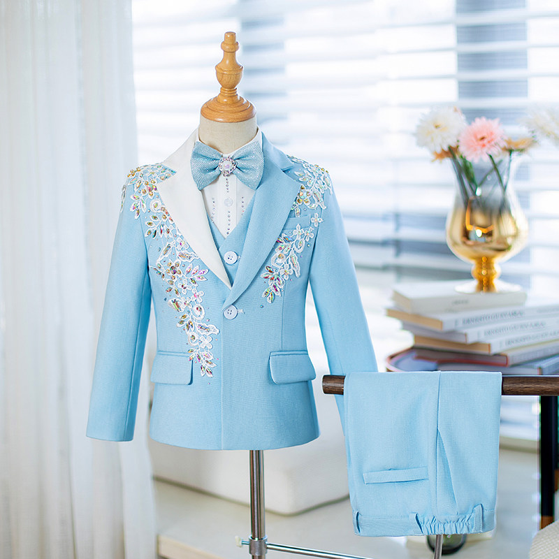 儿童西装套装男童2024新款高端手工花童小西服主持钢琴演出服蓝色
