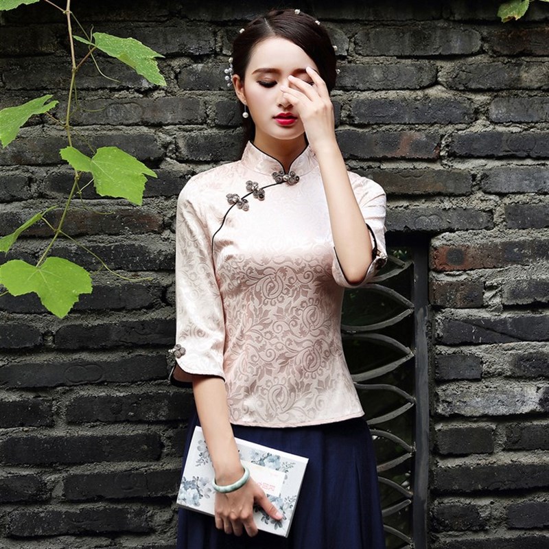 中袖旗袍上衣中式女装短款唐装汉服2021春夏装新款两件套改良茶服