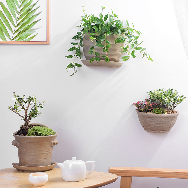 粗陶壁挂花盆陶瓷简约创意阳台垂吊盆绿萝悬挂式多肉花盆墙壁花器