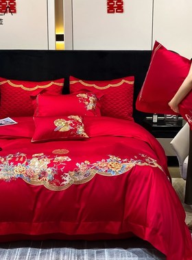 菲罗菈爱相随结婚喜被婚庆床品套件红色大红全棉四件套纯棉六件套