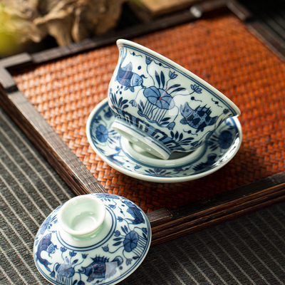 三勤堂景德镇陶瓷鱼藻纹釉下青花手工手绘三才盖碗杯泡茶器敬茶碗