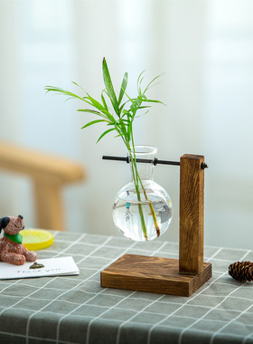 创意简约透明玻璃木架水培花瓶桌面摆件绿萝植物容器装饰品新品