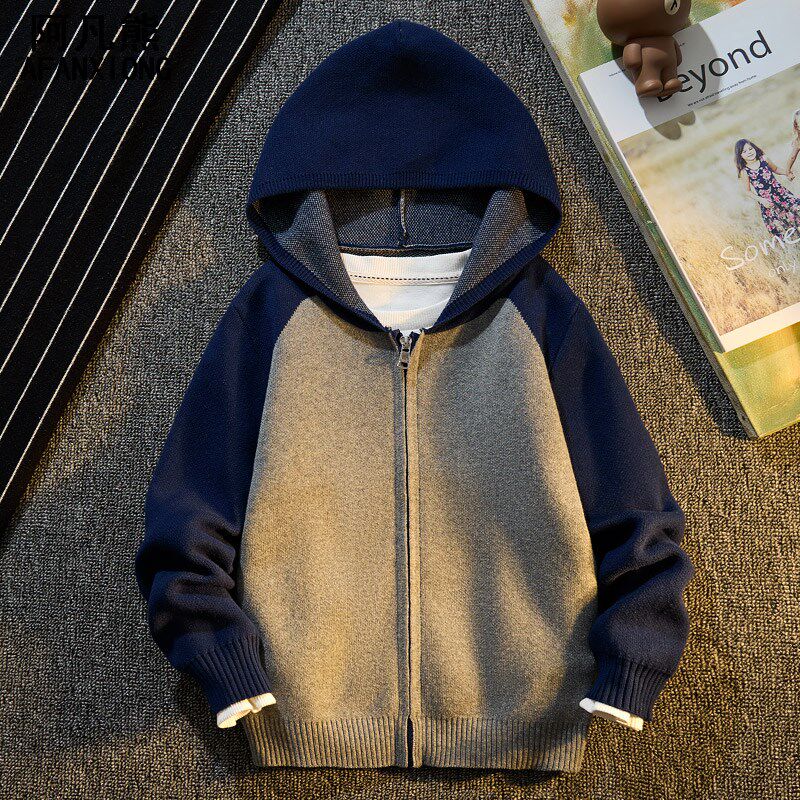 男童纯棉连帽拉链开衫外套2024春秋款新款儿童外搭男孩针织衫毛衣