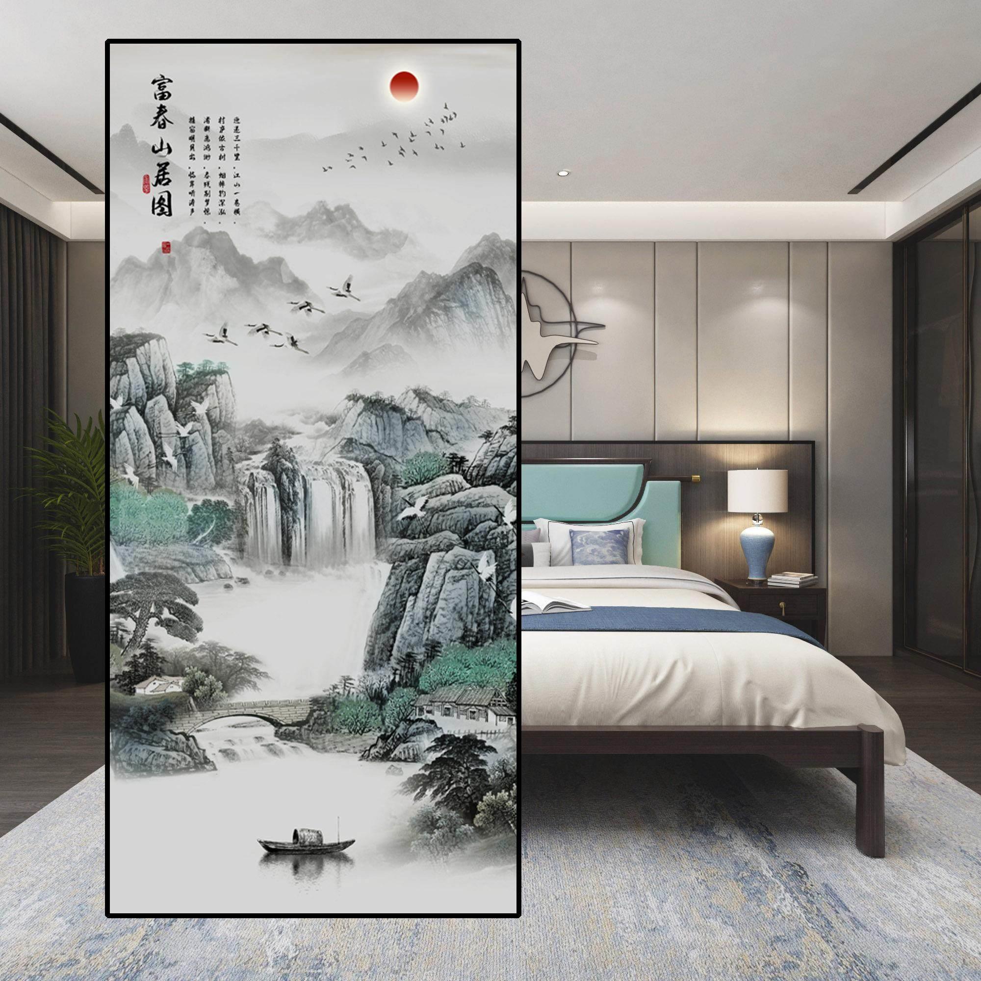 山水画艺术玻璃屏风家用入户玄关客厅隔断办公室现代简约装饰遮挡