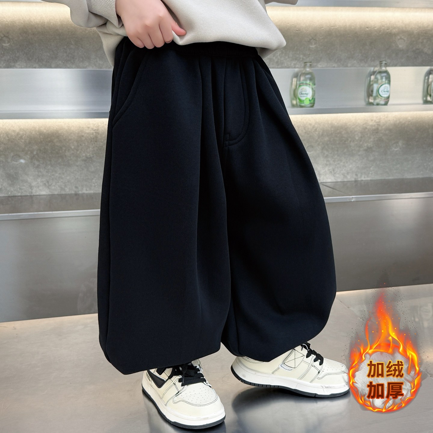 潮童轻奢男童加绒裤子秋冬2026新款儿童加厚一体绒灯笼裤宝宝卫裤