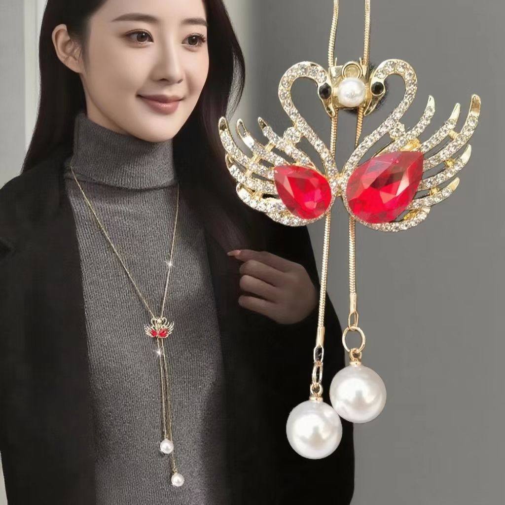 韩版秋冬长款毛衣链女时尚百搭双天鹅珍珠流苏吊坠项链配饰品挂件