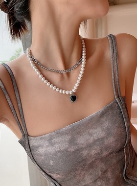 双层珍珠项链爱心吊坠女士锁骨链