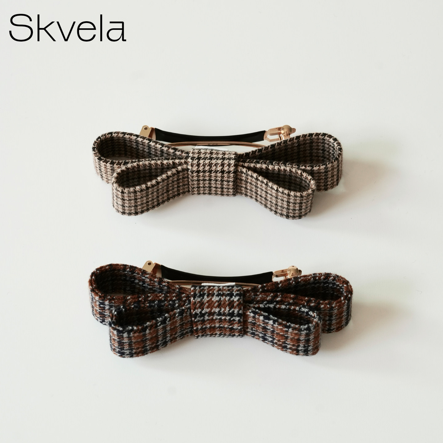 Skvela/法式气质精纺羊毛经典千鸟格双层蝴蝶结一字夹 女发夹 2色
