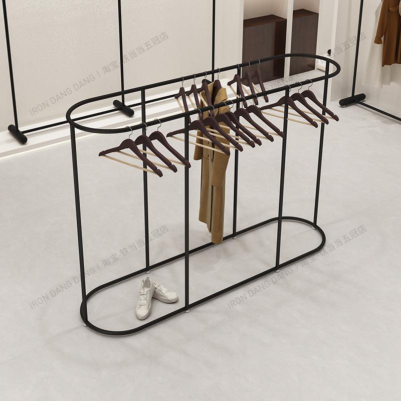 中岛陈列架服装店中间陈列双排衣架铁艺黑色圆形货架女装店展示架