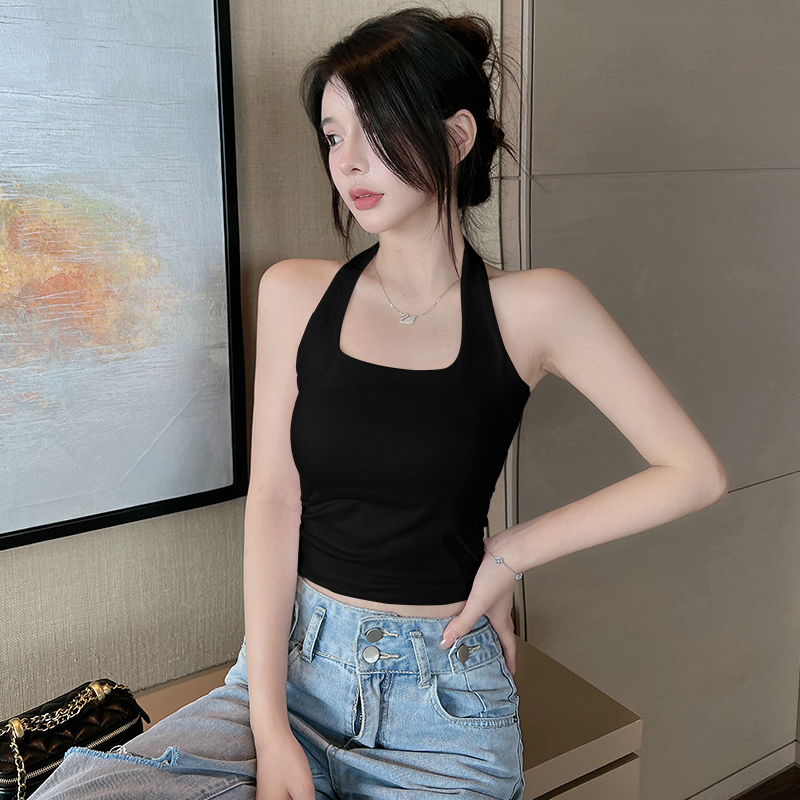 黑色挂脖吊带背心女夏外穿美背带胸垫文胸一体式内搭打底抹胸上衣