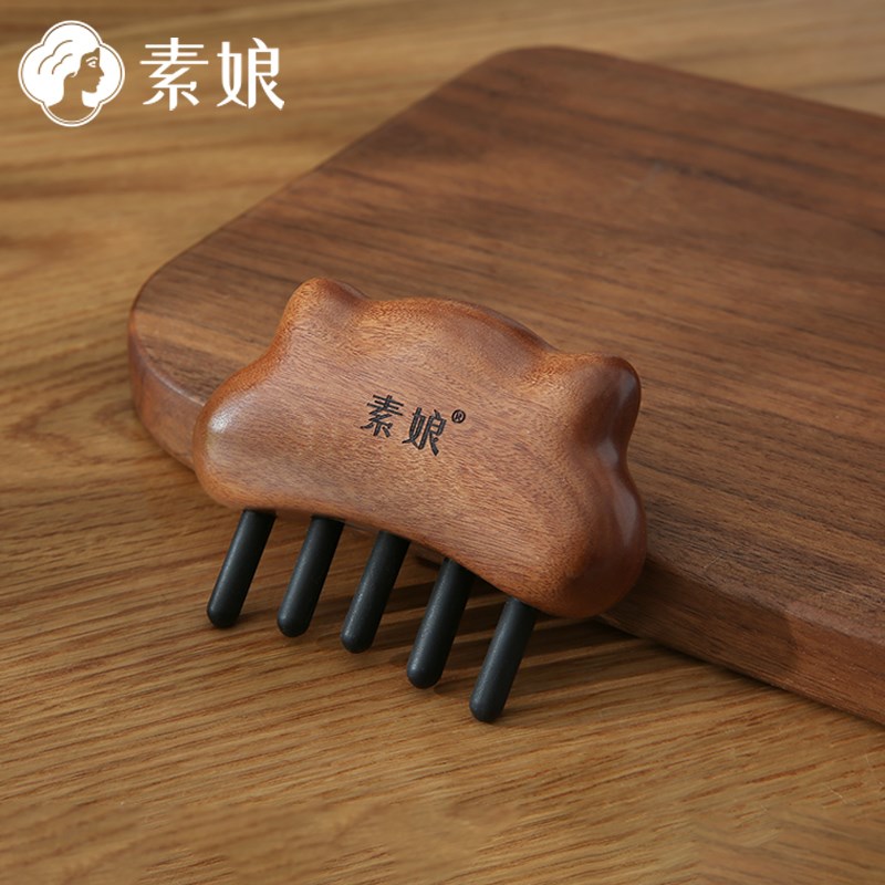 素娘牛角按摩梳梳头经络梳家用宽齿按摩头皮檀木梳五爪头疗大齿梳