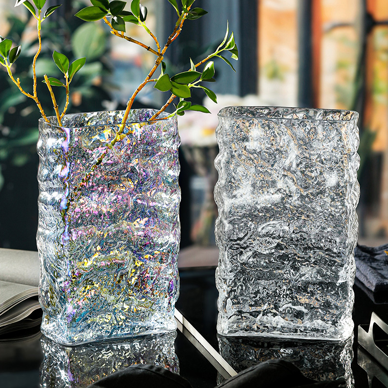 大口径冰川岩石纹七彩透明花瓶水培鲜花玻璃器皿餐厅客厅装饰摆件