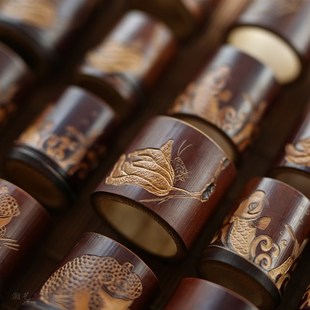 老煤竹盖置 盖托盖置 雕刻竹盖置 手刻竹架 茶则 手工煤竹