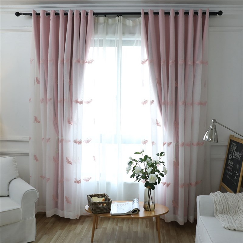 韩式公主风绣花蝴蝶窗纱粉色全遮光布一体式窗帘卧室飘窗成品定制