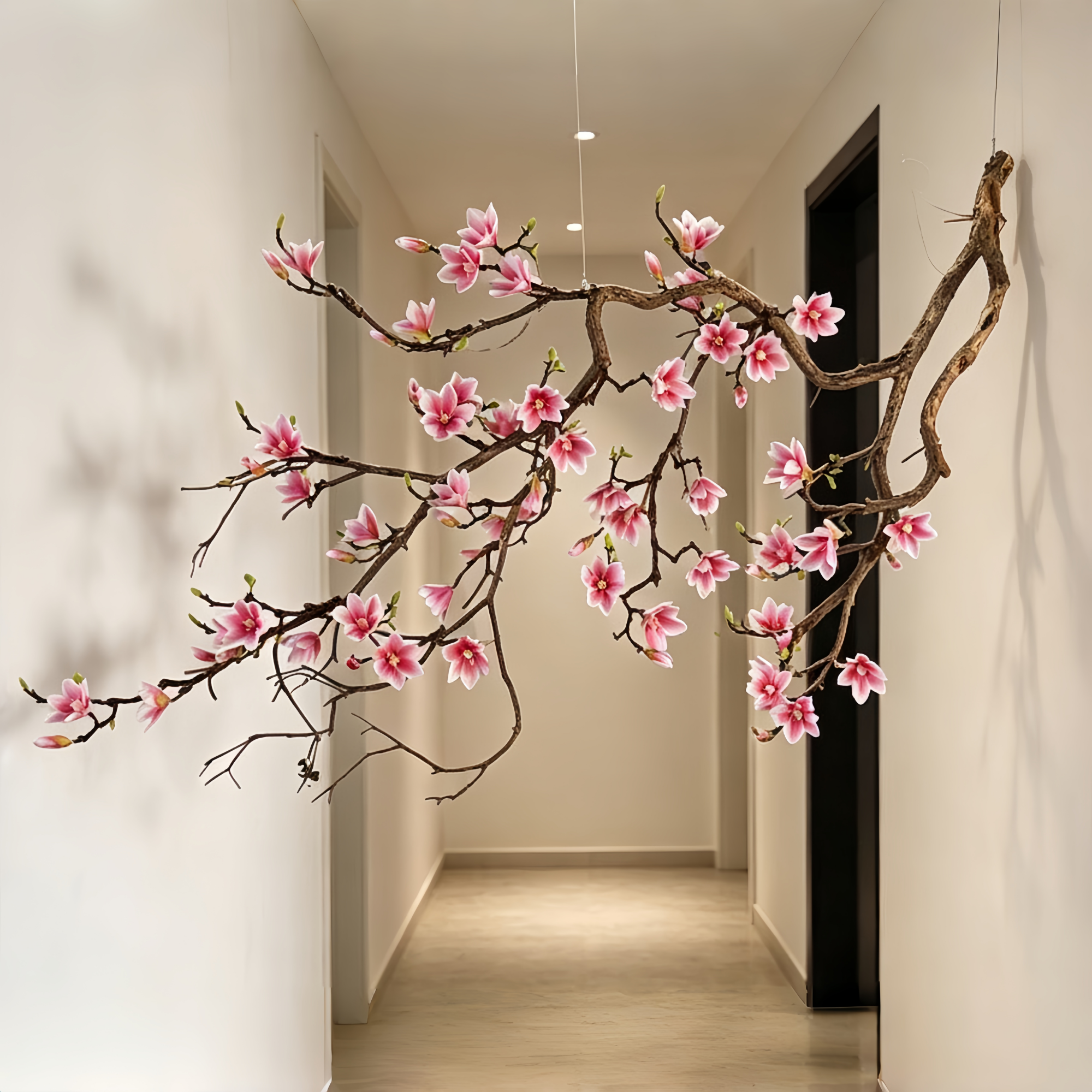 高档仿真悬挂玉兰花树枝干花酒店造景吊顶墙面装饰仿真树假花装饰