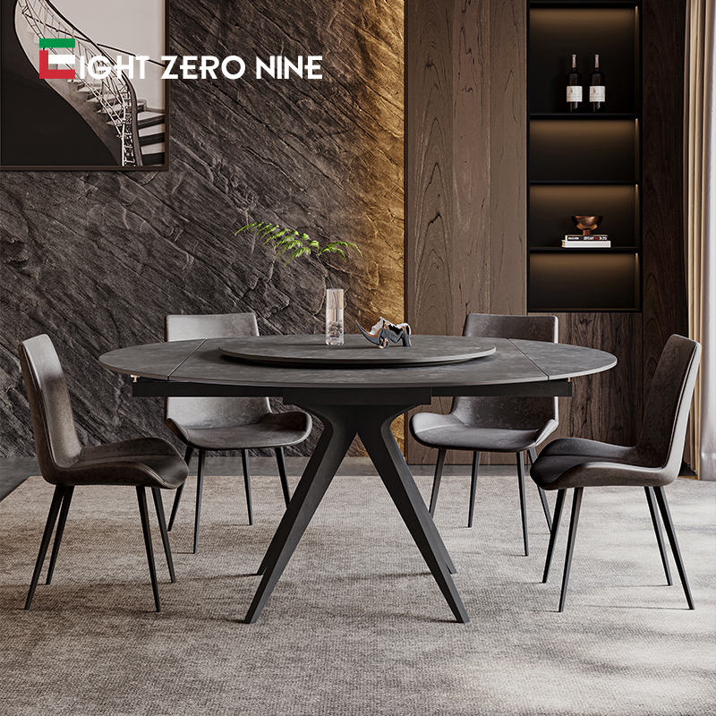 岩板餐桌可伸缩家用小户型方变圆形哑光灰色折叠靠墙电磁炉餐桌