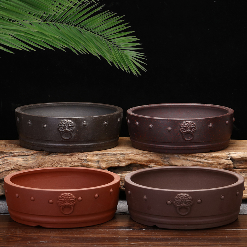 宜兴紫砂花盆矮盆鼓钉仿古桌面盆景盆圆形老桩多肉植物菖蒲盆