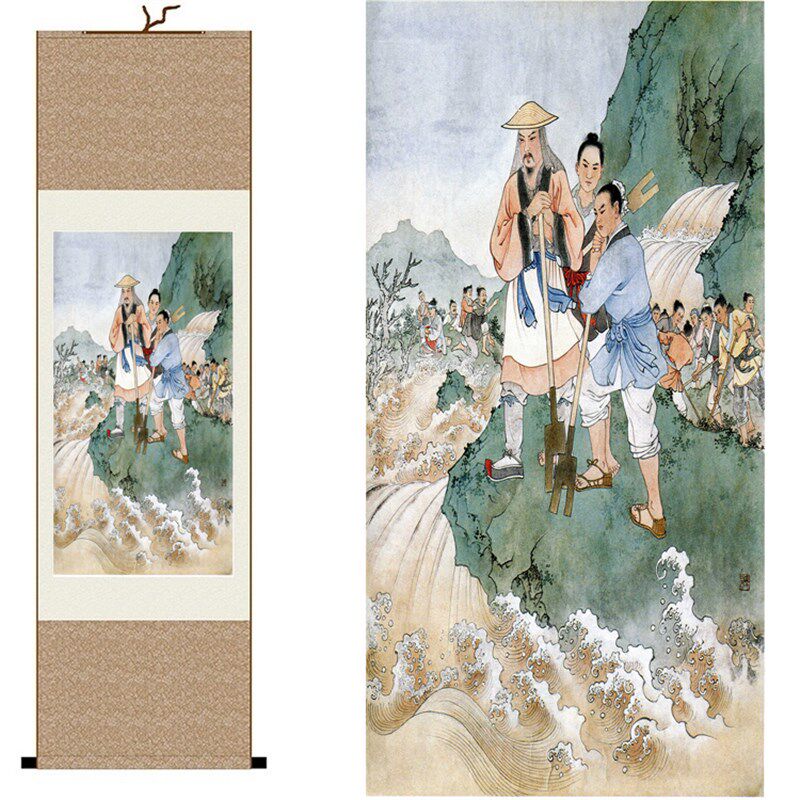 大禹治水丝绸卷轴国画 古代物装饰挂画 大禹国画 定制