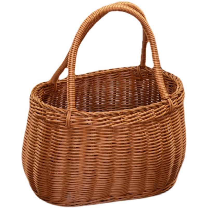 仿藤塑料编织提手方形野餐篮PP仿藤篮购物篮菜篮采摘果篮子果蔬篮