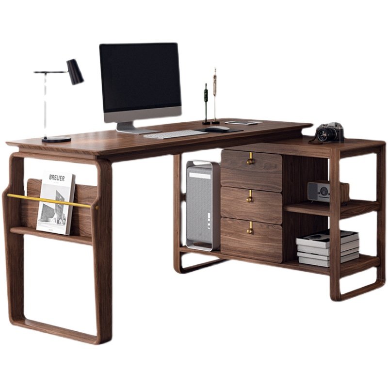 北美转角书桌家用带书架实木办公桌旋转充电电脑桌