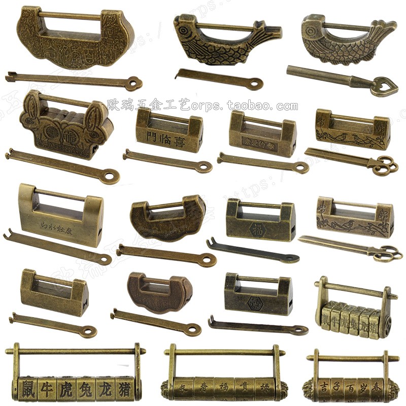 小木盒锁古铜色迷你仿古锁小锁头中式做旧箱挂锁横复古锁老式锁