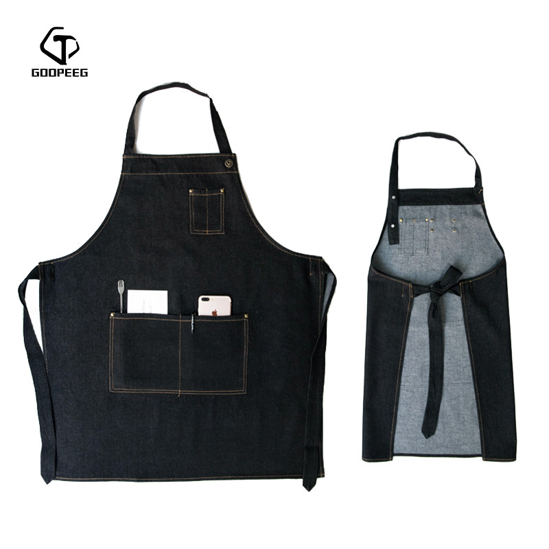 古匹花艺咖啡师美发师牛仔围裙双肩背带韩版时尚工作服定制印LOGO
