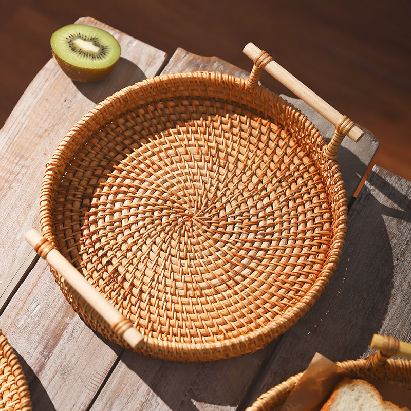 异兴越南藤编托盘水果盘双耳藤篮编织早餐篮日式竹编面包筐点心篮