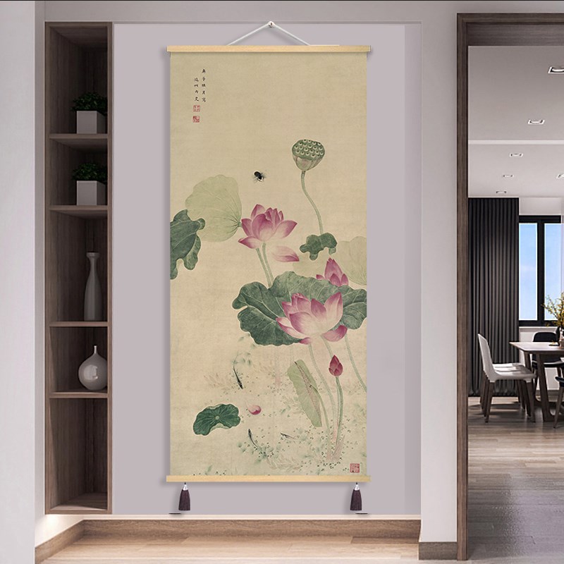 新中式仿古画工笔荷花装饰画布艺挂画书房茶室背景墙壁画简约复古图片