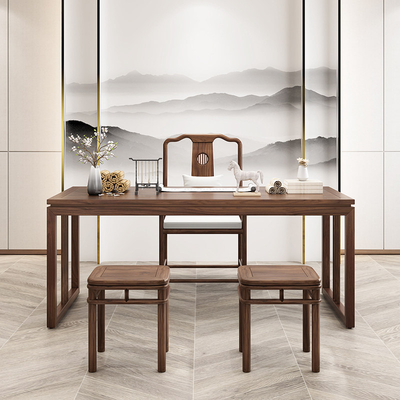 新中式书桌椅子纯实木书法桌 禅意原木榫卯北美黑胡桃木书桌画案