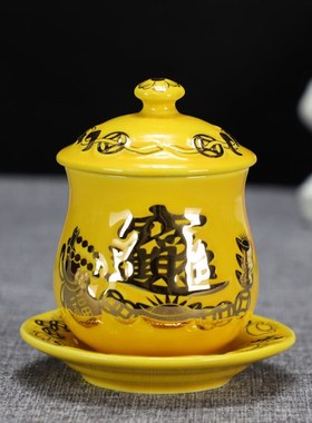 陶瓷招财进宝圣水杯黑色描金供水杯贡神杯贡佛杯净水杯佛具摆件