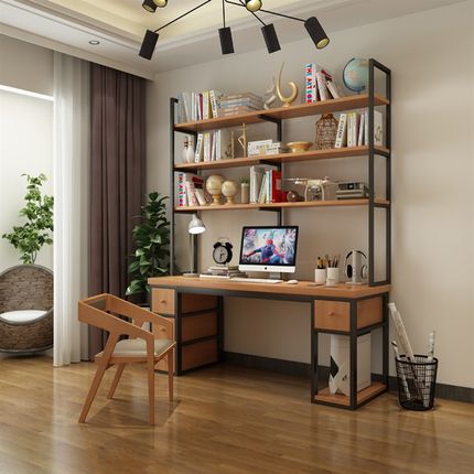 loft实木书桌书架一体组合带书架的写字桌家用北欧学生电脑台式桌