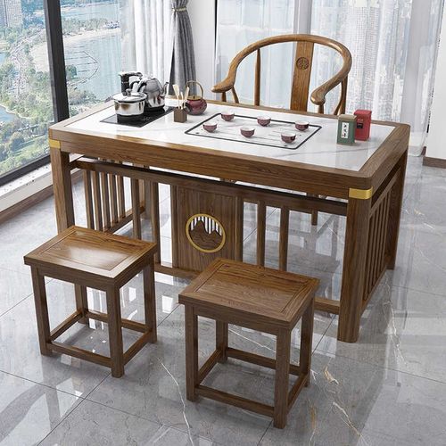 新中式岩板茶台实木功夫茶桌椅组合家用小户型阳台办公室高档禅意