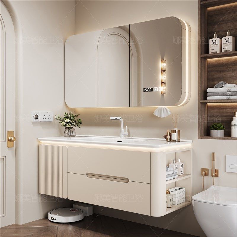 奶油风橡木烤漆浴室柜陶瓷一体盆智能洗手洗脸盆柜台盆,家装主材,浴室柜组合,淘宝优惠券,粉丝福利购,淘宝优惠卷