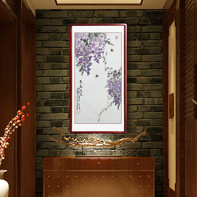 国画紫藤纯手绘真迹客厅装饰画写意鸟画挂画画心木框卷轴装裱