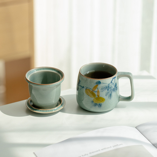 观策器隐教师节送礼冰片釉纯手绘泡茶杯办公室茶水分离水杯带盖杯