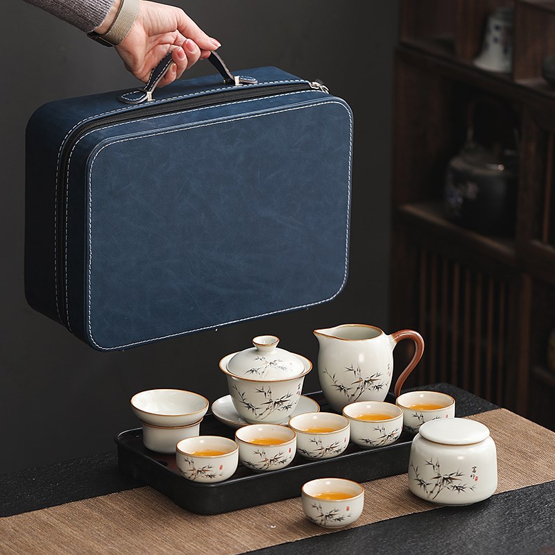 汝窑旅行茶具套装随身户外一壶六杯功夫泡茶壶盖碗茶杯便携式茶盘