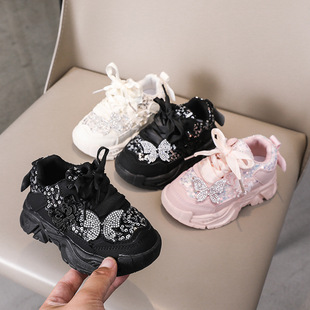 女童厚底皮面休闲运动鞋 儿童亮片蝴蝶老爹鞋 女童运动鞋 2026春秋季