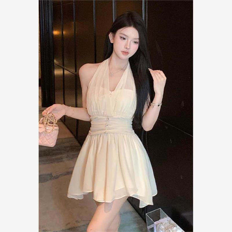 气质白色雪纺挂脖连衣裙女收腰纯欲辣妹无袖a字短裙仙女雪纺裙子