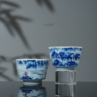 景琳藏春山如笑 小池山水竹节杯120ml 明式青花山水手工手绘茶杯