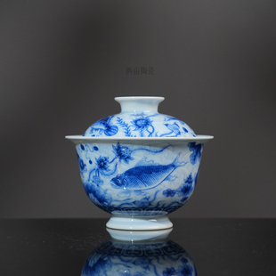 望月怀古淡海水鱼藻盖碗140ml 景德镇手绘陶瓷送礼礼盒泡茶茶碗