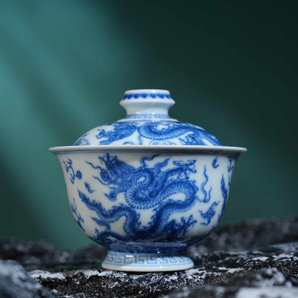 望月怀古五龙盖碗150ml 景德镇全手工手绘高端陶瓷送礼茶器茶碗