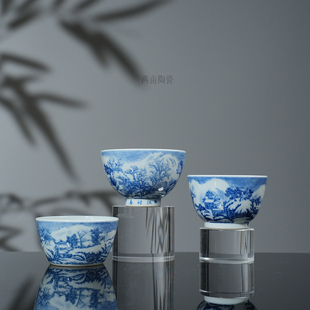 景琳藏江村暮雪茶杯 景德镇釉下彩明式青花山水手工手绘主人杯