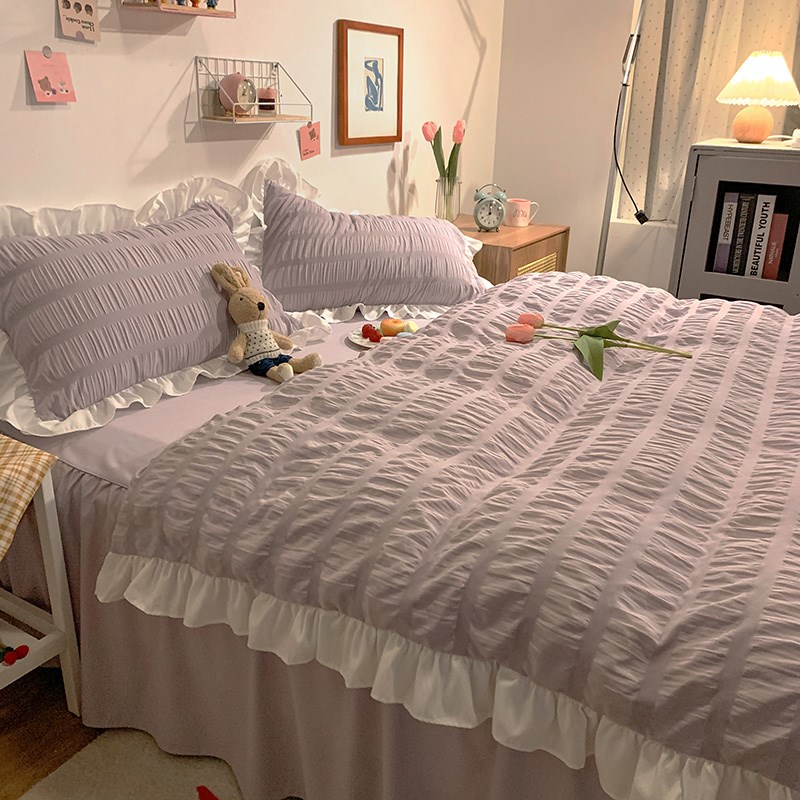 韩式风ins紫色床裙四件套荷叶边被套纯色床单寝室单人三件套女生3