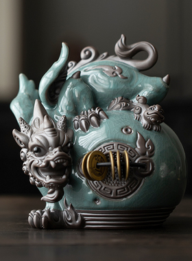 久造创意招财貔貅摆件陶瓷哥窑皮丘家居客厅玄关办公室茶桌装饰品