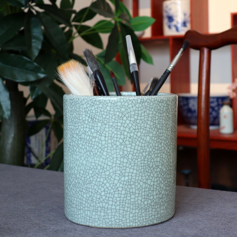 复古水培干花裂纹釉小花瓶陶瓷笔筒仿古瓷器毛笔画笔收纳书房摆件