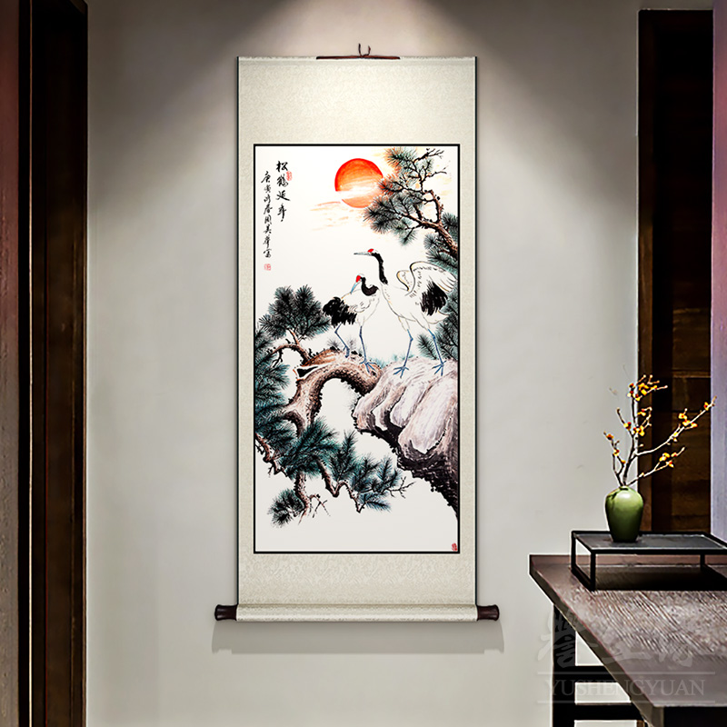 松鹤延年中式卷轴挂画竖版玄关走廊过道装饰画客厅餐厅书房墙壁画