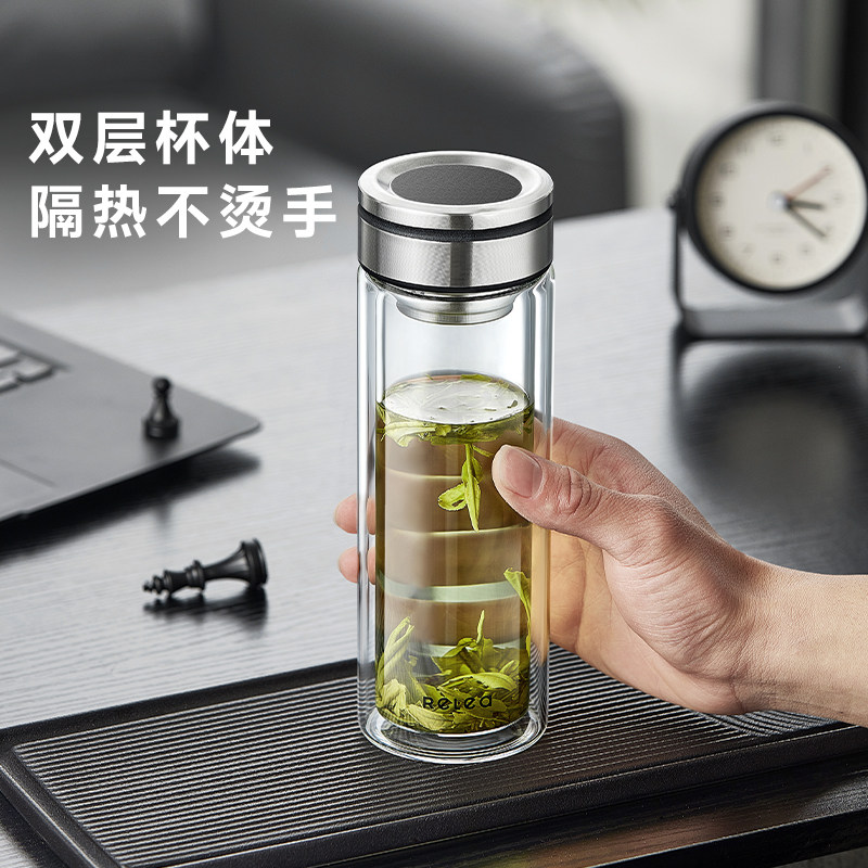 物生物玻璃茶杯男双层过滤耐热喝茶水杯随手便携精致高硼硅泡茶杯