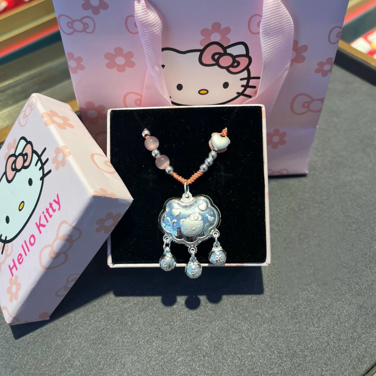 足银999hello kitty锁包项链纯银KT凯蒂猫吊坠平安锁宝宝儿童礼物
