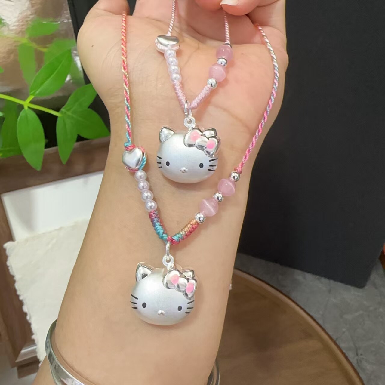 儿童足银999猫头纯银hellokitty编绳凯蒂猫银项链吊坠送女友礼物